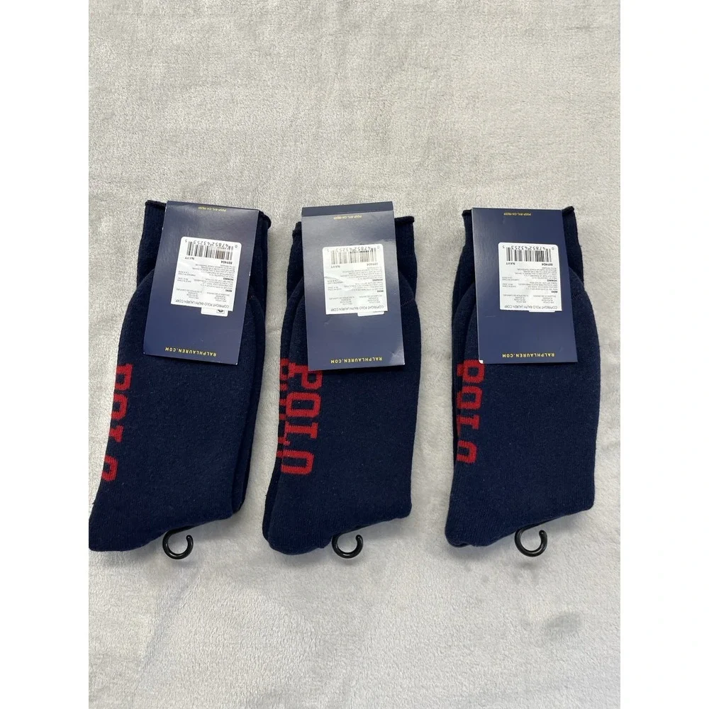 Polo Ralph Lauren 3 Pair Socks Men 10-13 Navy Red Cotton Blend Red Pony Logo